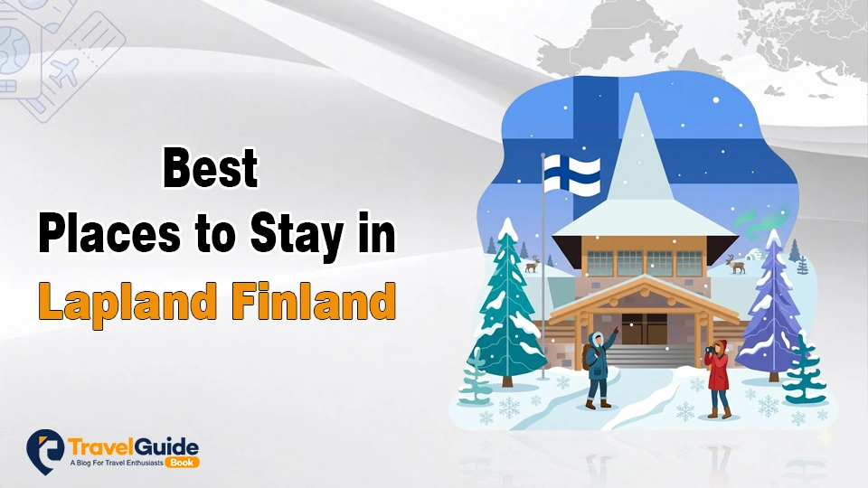Illustration of a snowy lodge and winter scenery in Lapland, Finland, for a travel.