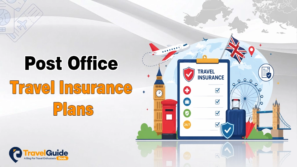 Graphic illustrating various Post Office travel insurance plans with travel and security icons.