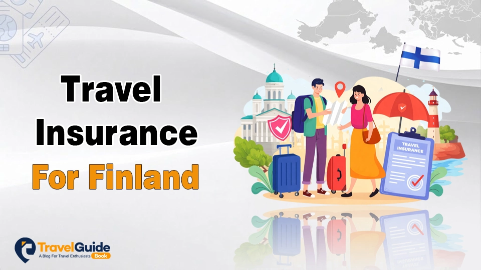 Illustration of travelers with luggage and Finnish landmarks on a travel insurance guide.