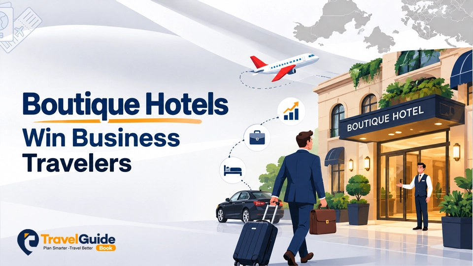 Businessman pulling a suitcase towards a boutique hotel entrance with a welcoming doorman.