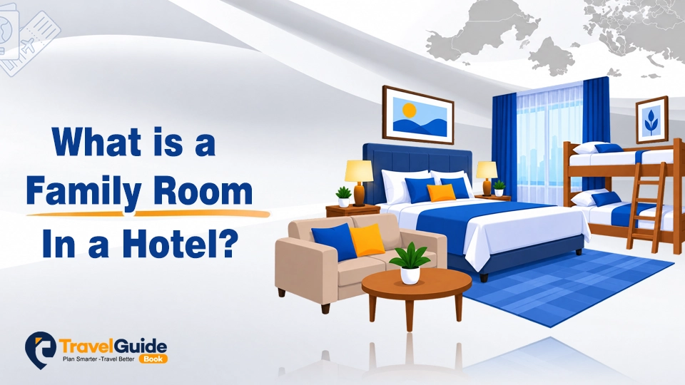 Vector artwork of a hotel family room featuring a main bed, bunk beds, and a cozy seating area.